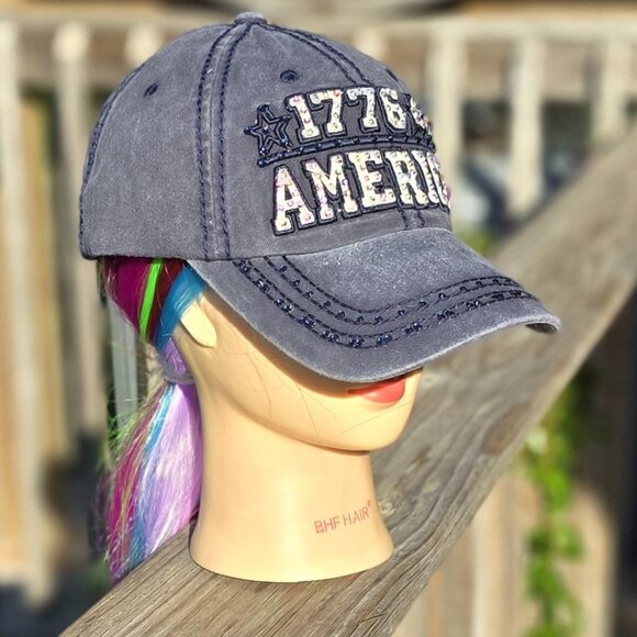 Ladies Navy Blue 1776 America BLING Hat NEW - Picture 2 of 4